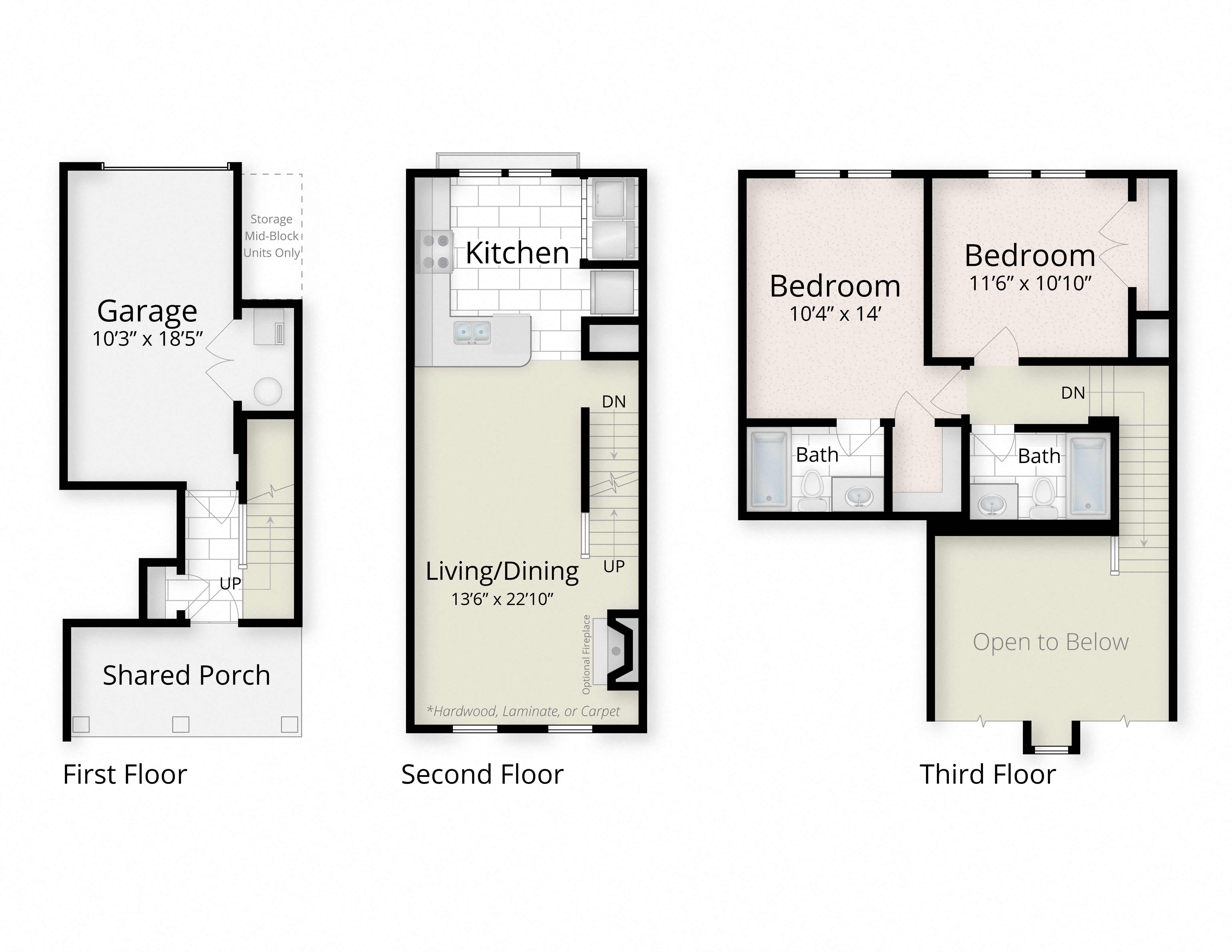 Floor plan for 2 beds, 2 baths, 1090 sqft
